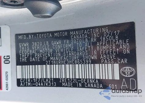 2017 Toyota Corolla Xle z USA, uszkodzony, nr VIN 2T1BURHE3HC865399
